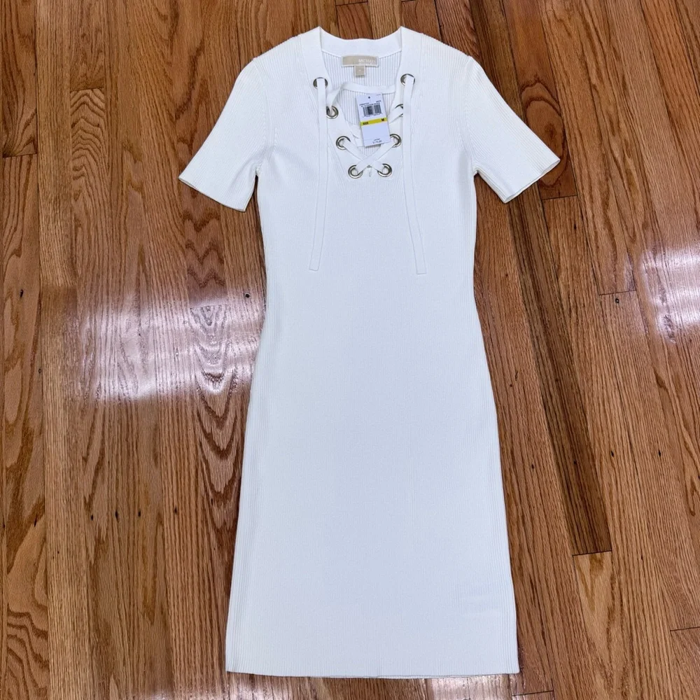 NWT Michael Kors White Lace-Up Ribbed Sweater Dress